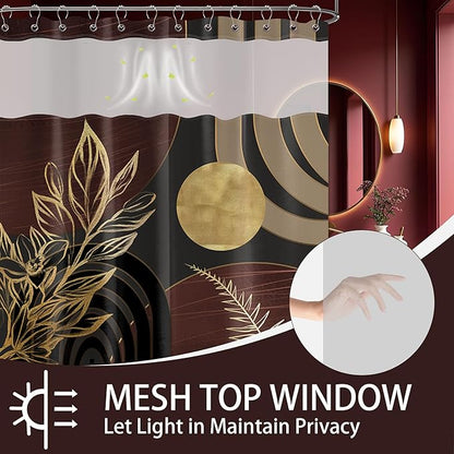 Dark Brown Boho See Through Mesh Top Shower Curtain with Window, Black and Brown Mid Century Modern Double Layer Shower Curtains with Snap in Liner, Waterproof Fabric with Hooks, 71x72 in