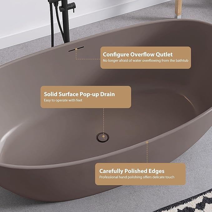 SJ STAR&JANE 65" Solid Surface Freestanding Bathtub Stone Resin Soaking Tub Gray Coffee Double Slippers Stand Alone Oval Tub with Pop-up Drain and Overflow for Bathroom