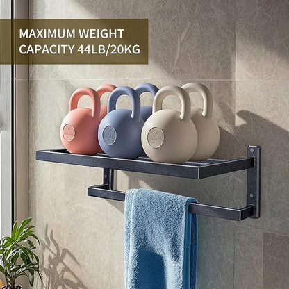 Bathroom Towel Rack, 24 Inch Towel Holder with Double Towel Bar, Aluminum Alloy Square Modern Hotel Style Wall Mounted Bathroom Shelf Organizer