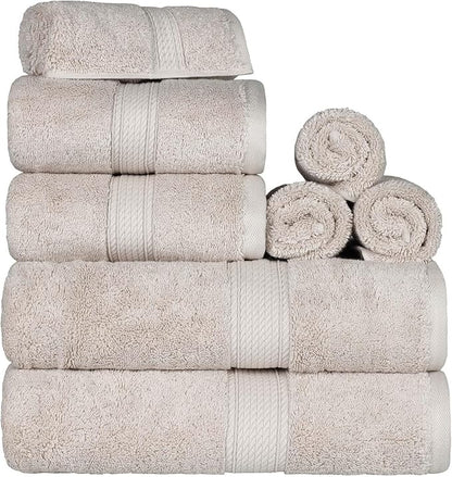 Superior Egyptian Cotton Pile 8 Piece Towel Set, Includes 2 Bath, 2 Hand, 4 Face Towels/Washcloths, Ultra Soft Luxury Towels, Thick Plush Essentials, Guest Bath, Spa, Hotel Bathroom, Stone