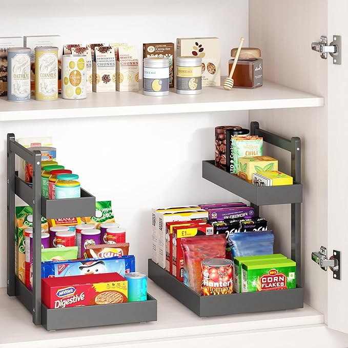 Under Sink Organizer - 1-Tier Pull Out Cabinet Organizer Vertical Slide Out Sink Shelf Storage Shelves for Multi-Purpose Bath Kitchen Bathroom Medicine (Black, 2 Packs)