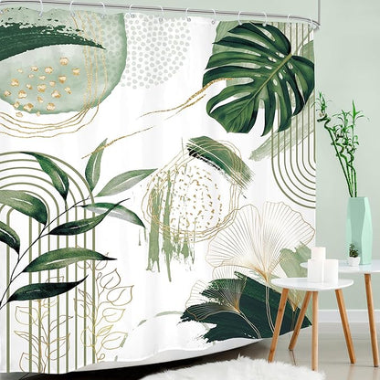 Sage Green Boho Shower Curtain Extra Long Modern Abstract Tropical Leaves Bohemian Gold Palm Leaf Mid Century 72Wx84H Bathroom Decor Geometric Plant Bath Curtain Fabric Polyester 12 Pack Hooks