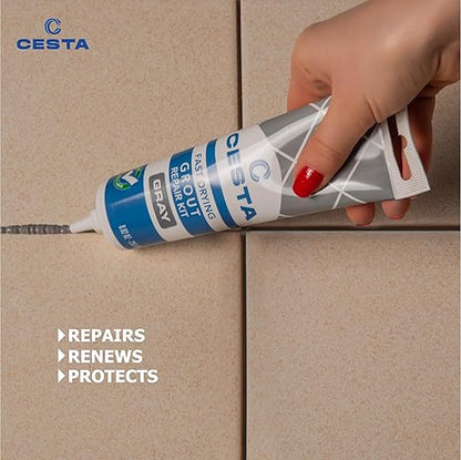 CESTA Tile Grout Repair Kit Squeeze Tube, Fast Drying, Waterproof Tile Grout Paint to Restore & Renew Tile Joints Line for Bathroom, Kitchen, Shower & Floor Tile (Grey, 8.8 oz)