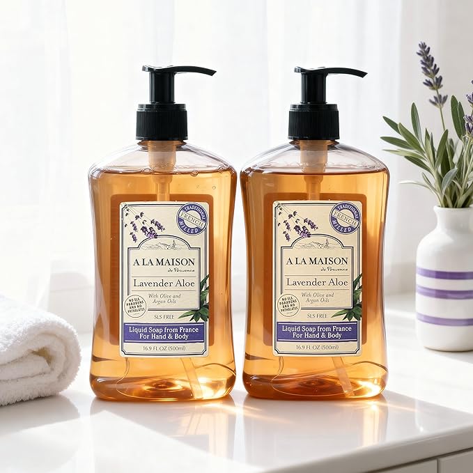 A LA MAISON de Provence Lavender Aloe Liquid Hand and Body Soap (Pack of 2) With Argan Oil, Olive Oil and Vitamin E, 16.9 fl oz Each