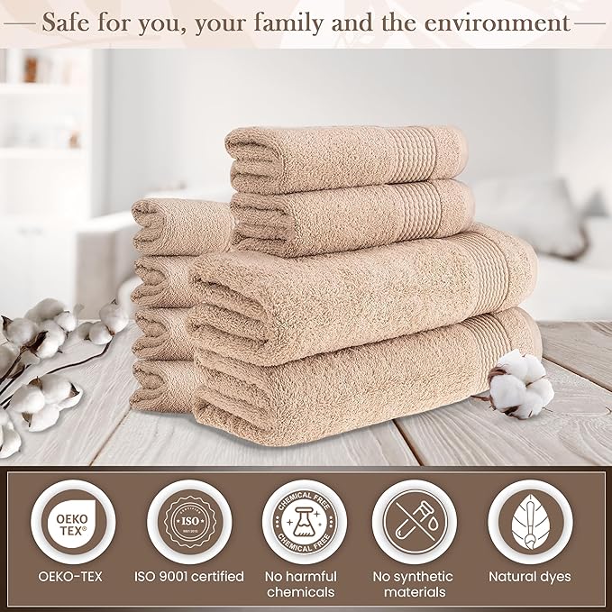 HALLEY Turkish Cotton Towels (Set of 8) 2 Bath Towels 2 Hand Towels 4 Washcloths, Super Soft Highly Absorbent 100% Cotton Towels for Bathroom and Kitchen for Mother’s Day (Tan)