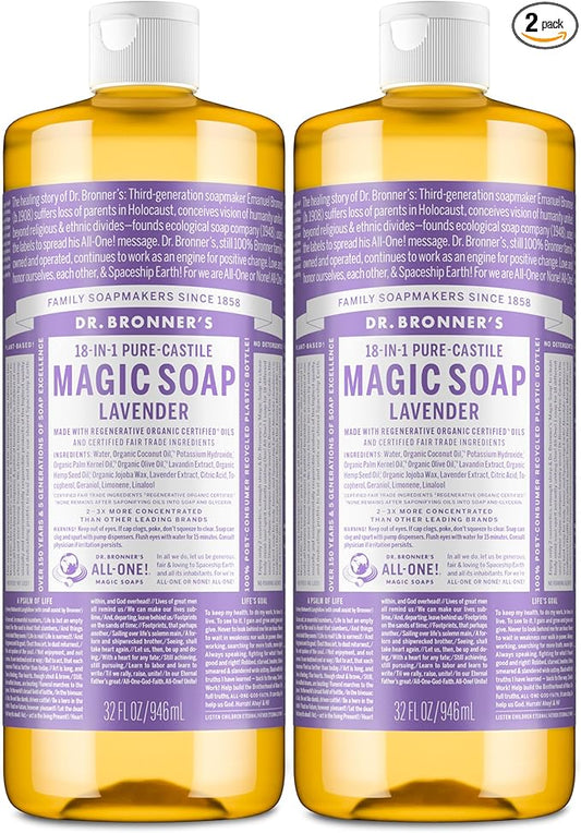 Dr. Bronner's Magic Soap - Pure-Castile Liquid Soap (Lavender, 32 ounce, 2-Pack) -Regenerative Organic Certified Oils, 18-in-1 Uses: Body, Hair, Laundry, Pets & Dishes, Concentrated, Vegan, Non-GMO