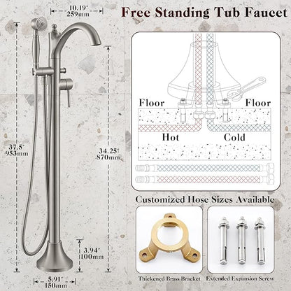 Freestanding Tub Faucets, Classic Freestanding Bathtub Faucet with Retro Handheld Sprayer High Flow Max 7.04GPM Floor Mount Tub Filler Swivel Spout Bath Tub faucet Brushed Nickel (WT-9002BN)