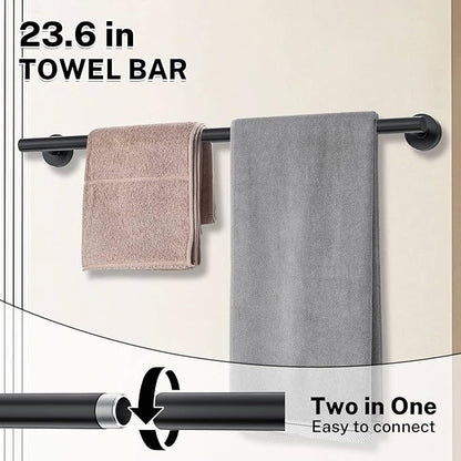 Matte Black Towel Bar Set 5-Piece Bathroom Hardware Accessories Set Includes 23.6in Towel Bar-Round Towel Ring-Toilet Paper Holder-Towel Hooks Stainless Steel Wall Mount Bathroom Towel Holder Set