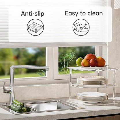 Plate Organizer for Cabinet Space Saver - Clear Acrylic Corner Shelf for Dishes, Bowls - 3-Tier Kitchen Cabinet Plate Organization, Dinner Plates Holder, and Small Shelf for Bathroom Storage