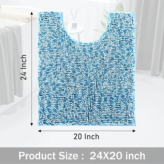 Yimobra Luxury Chenille U-Shaped Toilet Rug, Super Soft Shaggy Contour Bath Mat for Bathroom Floor, Fluffy, Water Absorbent, Non Slip, Machine Washable, Dry Quickly, 24''x 20'', Blue & Light Blue