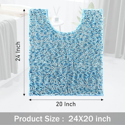 Yimobra Luxury Chenille U-Shaped Toilet Rug, Super Soft Shaggy Contour Bath Mat for Bathroom Floor, Fluffy, Water Absorbent, Non Slip, Machine Washable, Dry Quickly, 24''x 20'', Blue & Light Blue