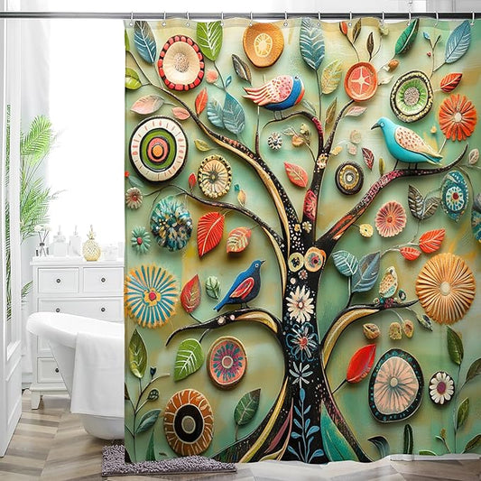 Bohemian Shower Curtain, Boho Floral Print Water Repellent Polyester Fabric for Bathroom Decor, 72×72 Inch Standard Size with 12 Hooks, Also as Room Divider