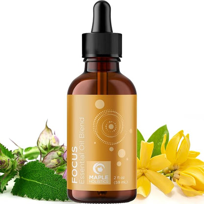 Focus Essential Oil Blend for Diffusers - Aromatherapy Essential Oils Blend for Home and Travel Energy Focus and Attention Support with Grapefruit Bergamot Peppermint and Eucalyptus (2 Fl Oz)