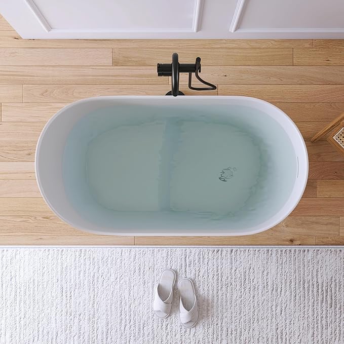 43" Stone Resin Janpanese Soaking Tub, Freestanding Deep Soaking Bathtub with Seat Desgin,Toe-tap Chrome Right Drain, Slotted Overflow, cUPC Certified, in Matte White AMG026-1100