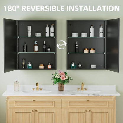 Buruis 24" x 30" Framed Medicine Cabinet with Mirror, Recessed or Wall Mounted Bathroom Cabinet, Adjustable Tempered Glass Shelves, Left/Right Open Reversible, No Assembly Required, Black