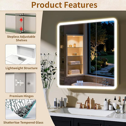 BEAUTYPEAK 30 x 32 LED Bathroom Medicine Cabinet Mirror, Adjustable Shelves, Silver Aluminum Cabinet, Anti-Fog Stepless Dimmable 3 Colors White/Natural/Warm, Easy to Install(Wall Mount/Recessed)