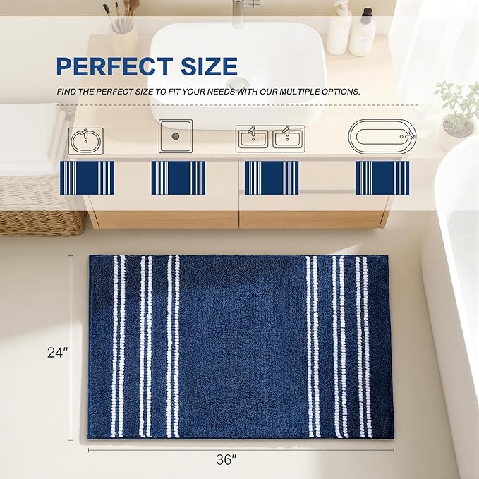 Kmson Bathroom Rugs Mat, 36"x24" Ultra Soft Washable Shaggy Chenille Bath Rugs, Non-Slip Fluffy Thick Water Absorbent Microfiber Mat for Bathtub, Sink and Shower, Navy Blue