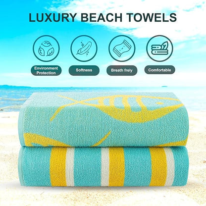 CASA COPENHAGEN Miami Bath Towels Designed in Denmark Rough and Tough, Quick Dry, for Pool, Bath & Shower 30"x60", 2 Pieces Cotton Beach Towels Set - Fish Teal + Yellow Stripe
