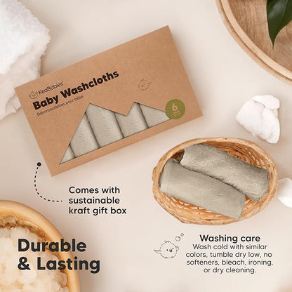 6-Pack Baby Washcloths - Soft Absorbent Viscose from Bamboo Wash Cloths for Babies, Kids, Toddlers, Infant, Newborn Bath Towels, Gentle on Sensitive Skin, 10x10 Reusable Face Towels(Earth Brown)