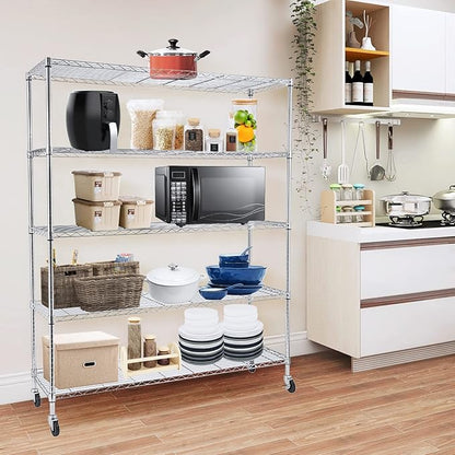 BNSPLY Commercial Wire Shelving Unit with Wheels, 5 Tier Adjustable Wire Shelves with NSF Certified, Heavy Duty Metal Storage Rack Shelf Unit for Kitchen, Garage (17.7" D x 59" W x 71" H, Chrome)