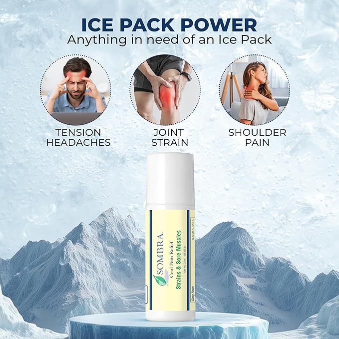 Sombra Cool Pain Relief Gel Cold Pain Relief for Swelling, Growing Pains, Soreness, Post-Workout, Vegan Formula Free of Artificial Fragrances, Dyes, NSAID, Wax, Petroleum, Alcohol - 3oz Roll-On