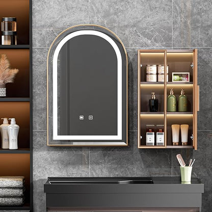 LED Bathroom Mirrors with Lights,24"x36"Black Arched Mirror for Bathroom,Fogless,3 Colors Dimmable,Anti-Fog,Wall Mounted Lighted Vanity Mirror,Gold