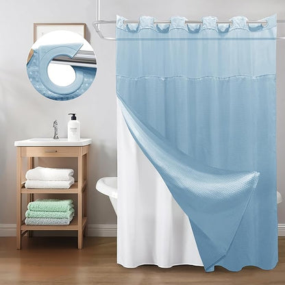 Inhousolu No Hook Shower Curtain with Snap in Fabric Liner Set Waffle Weave 230GSM Weighted Hem, Waterproof & Washable Bathroom Curtain Spa Luxury with Mesh Top Window 72" W x 72" L Teal