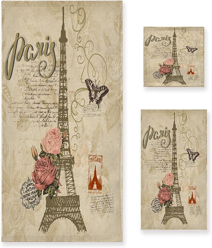 Vintage Butterfly Paris Eiffel Tower 3 Piece Towel Bathroom Sets, 1 Bath Towel, 1 Washcloth, 1 Hand Towel, Cotton Fast Dry Soft Absorbent Towel Set for Home Kitchen Family