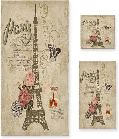 Vintage Butterfly Paris Eiffel Tower 3 Piece Towel Bathroom Sets, 1 Bath Towel, 1 Washcloth, 1 Hand Towel, Cotton Fast Dry Soft Absorbent Towel Set for Home Kitchen Family