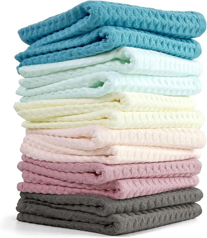 Cleanbear Waffle Wash Cloths Set of 12, Cotton Washcloths for Body and Face, 13” x 13”, 6 Assorted Colors