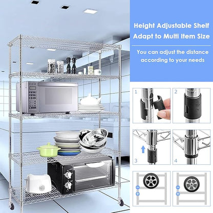 BNSPLY Commercial Wire Shelving Unit with Wheels, 5 Tier Adjustable Wire Shelves with NSF Certified, Heavy Duty Metal Storage Rack Shelf Unit for Kitchen, Garage (17.7" D x 59" W x 71" H, Chrome)