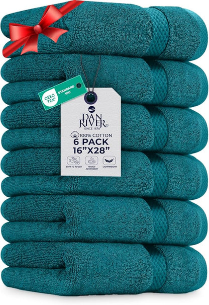 DAN RIVER 6-Pack Premium Hand Towels (16x28 Inches) - 100% Cotton, Ultra Soft, Lightweight, Highly Absorbent Towels for Bathroom, Spa, Gym, Salon, Hotel, and Travel - 550 GSM - Teal