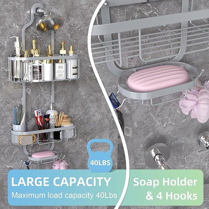 Kadolina Bathroom Hanging Shower Organizer, Over Head Shower Caddy Shower Storage Rack Basket with Hooks for Razor and Sponge Rustproof, Silver [Patented]
