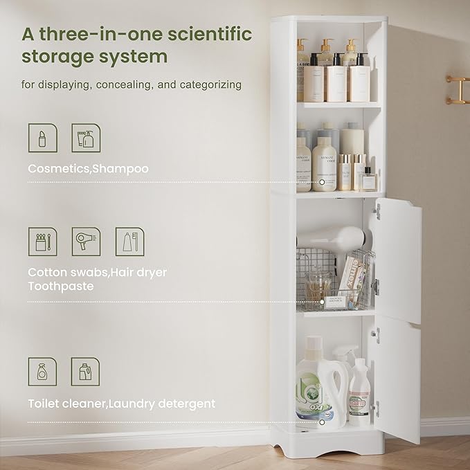 67" Tall Bathroom Organizer and Storage, Narrow Storage Cabinet with 2 Doors and 4 Shelves, Freestanding Floor Storage Unit,15.7" W x 11.8" D x 66.9" H, White