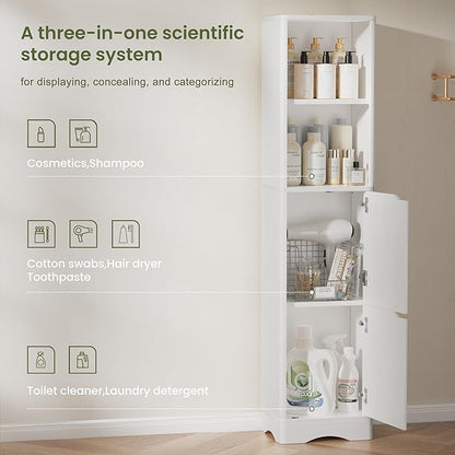 67" Tall Bathroom Organizer and Storage, Narrow Storage Cabinet with 2 Doors and 4 Shelves, Freestanding Floor Storage Unit,15.7" W x 11.8" D x 66.9" H, White
