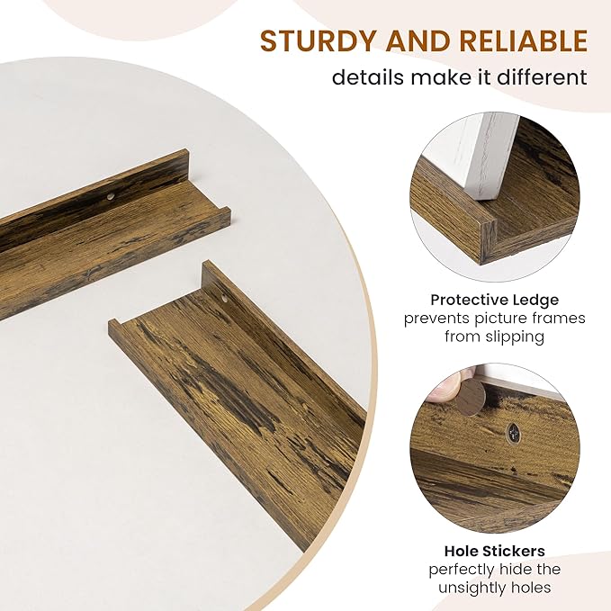 Axeman Picture Ledge Shelf, Floating Shelves for Storage Set of 6, 36 inch Floating Wall Mounted Shelves, Wall Shelves with Lip for Living Room, Bedroom, Nursery, Bathroom, Kitchen, Rustic Brown