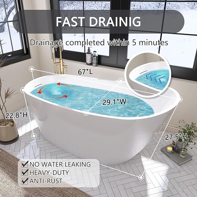 67" Free Standing Tub, Pure Acrylic Freestanding Bathtub, Stylish Stand Alone Tub, Contemporary Deep Soaking Bath Tub, cUPC Certified SY9970 (Glossy White)