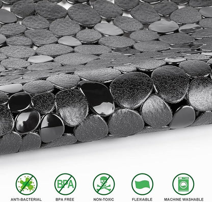 WELTRXE Pebbles Bath Mat for Tub Black Non-Slip Bathtub Mat with Suction Cups, Drain Holes for Bathroom Showers, Tub, Machine Washable, BPA, Latex Free Oval Shower Mats Bath Tub mat, 27 x 14 Inch