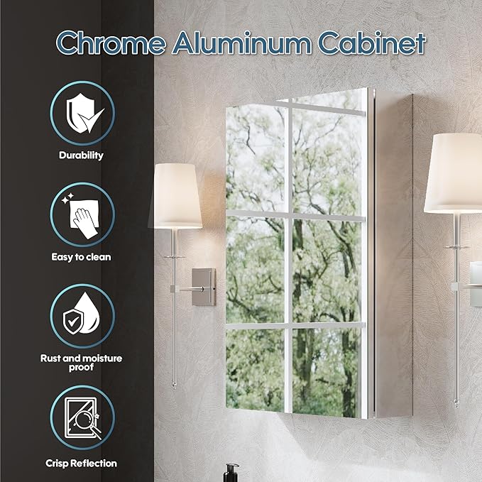 WELLFOR 16" x 24" Bathroom Medicine Cabinet, Anodized Chrome Aluminum Frame, Medicine Cabinet with Adjustable Glass Shelves, Bathroom Cabinet with Reverse Door Installation, Surface or Recessed Mount