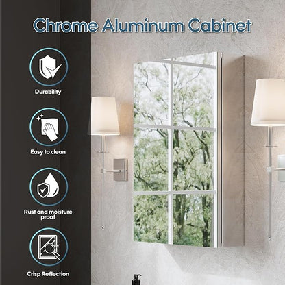 WELLFOR 16" x 24" Bathroom Medicine Cabinet, Anodized Chrome Aluminum Frame, Medicine Cabinet with Adjustable Glass Shelves, Bathroom Cabinet with Reverse Door Installation, Surface or Recessed Mount