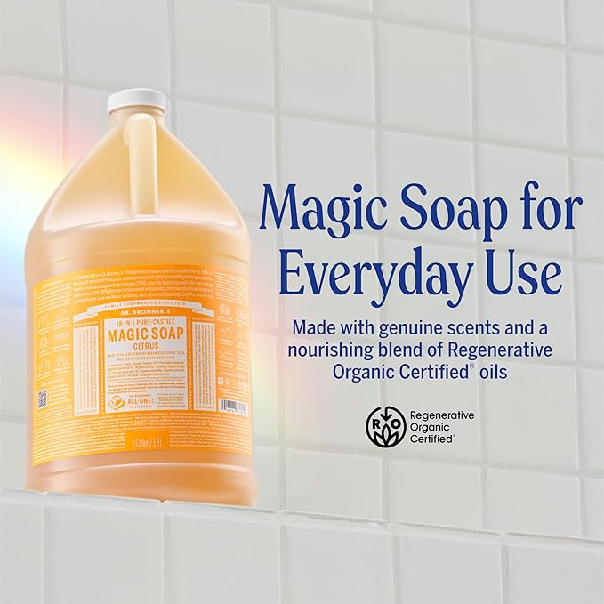 Dr. Bronner's Pure-Castile Magic Soap Liquid (Citrus, 1 Gallon) - Made with Regenerative Organic Certified Oils, 18-in-1 Uses: Face, Body, Hair, Laundry, Pets and Dishes, Concentrated, Vegan, Non-GMO