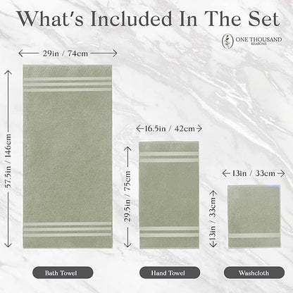 Premium Staple Cotton Bathroom Towel Set - Sage Green 600 GSM 6-Piece Luxury Bath Towel Set 3 Stripe - 2 Bath Towels, 2 Hand Towels & 2 Washclothes Set - High Absorbent & Quick Dry for Gym, Spa, Hotel