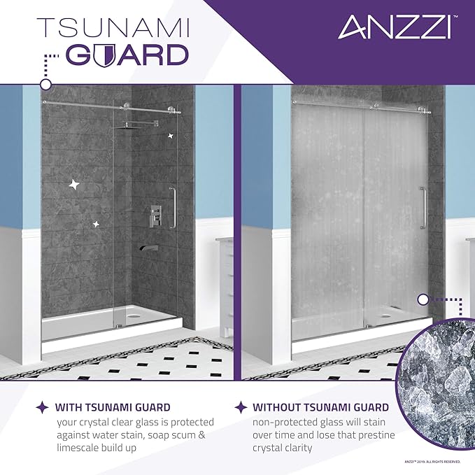 ANZZI 72" x 30" Frameless Shower Door in Matte Black,Water Repellent Glass Shower Door with Seal Strip Parts and Handle, 3/8 Glass Hinged Shower Door with Handle (SD-AZ09-02MB)