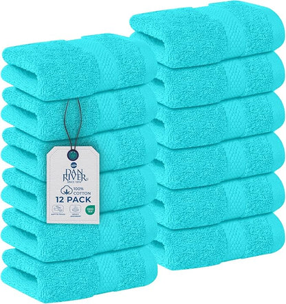 DAN RIVER 12-Pack Premium 100% Cotton Aqua Face Towels – Reusable Face Towel Set, Absorbent & Soft Wash Cloths for Bathroom & Body – Hand and Face Towels, 550 GSM (12x12 in)