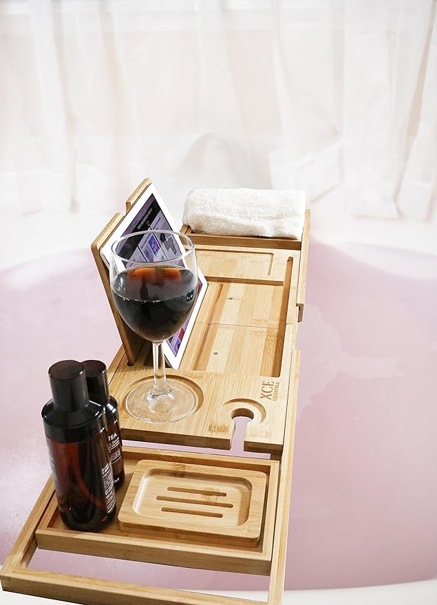 XcE Foldable Bamboo Bathtub Caddy Tray - Expandable to 41 Inches with Non-Slip Pads & Book Stand for Couples Luxury Bath