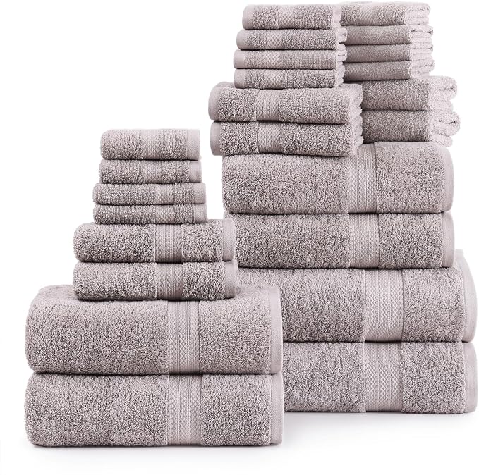 Lane Linen Everyday Luxury Bath Towels Set - 24 PCs - 100% Ring Spun Cotton Towels Set - Durable, Ultra Soft, Absorbent & Long Lasting Towels For Family - Housewarming Gift - Fade Resistant - Platinum