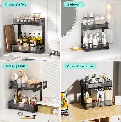 Under Sink Organizer, 2-Pack of 2-Tier Metal Slide Out Pull Out Cabinet Organizer Shelf, Height Adjustable Organization and Storage Series, Bathroom/Desktop/Cabinet/Kitchen Organization, Black