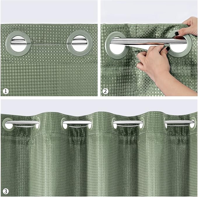MitoVilla Sage Green Waffle Long Shower Curtain Liner Set 72 x 80, No Hooks Required 80 inch Long Fabric Cloth Shower Curtain Set with Cloth Snap-in Liner for Modern Hotel Bathroom Decor