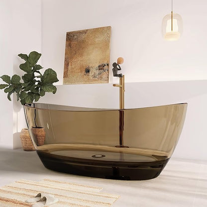 65" Premium Solid Surface Freestanding Bathtub, Contemporary Design Stand Alone Stone Resin Tub with Overflow and Pop-up Drain, Transparent Brown