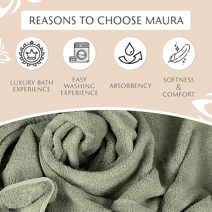 MAURA Sage Extra Large Turkish Cotton Luxury Bath Towels Set of 4. Ultra-Soft, Thick & Plush Towels for Bathroom - Sage Green